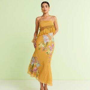 ASOS DESIGN fringe detail embroidered maxi dress in mustard yellow floral